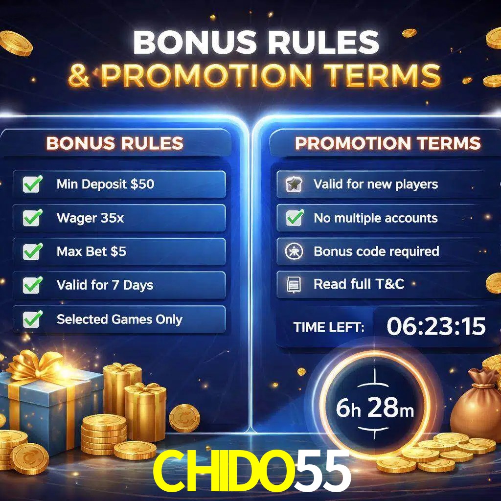 Reglas de promoción CHIDO55 y condiciones de bonos explicadas visualmente
