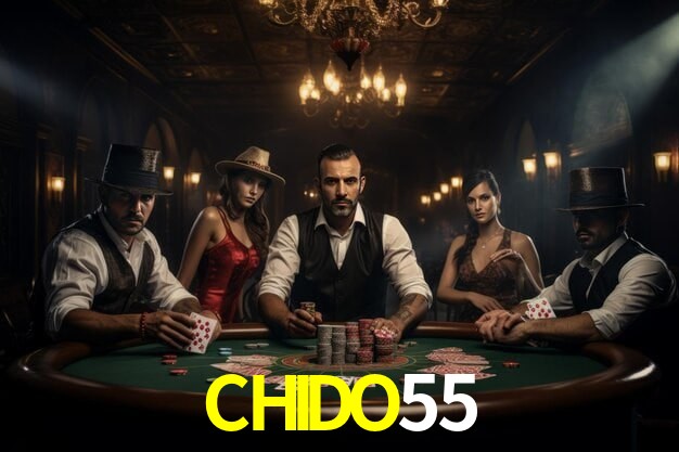 Una escena digital vívida inspirada en casino con CHIDO55 mostrado prominentemente, luces brillantes, fichas, cartas y acentos dorados.