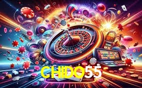 Escena dinámica inspirada en casino con iluminación CHIDO55, cartas, fichas e íconos de juegos digitales en un espacio moderno de juegos.