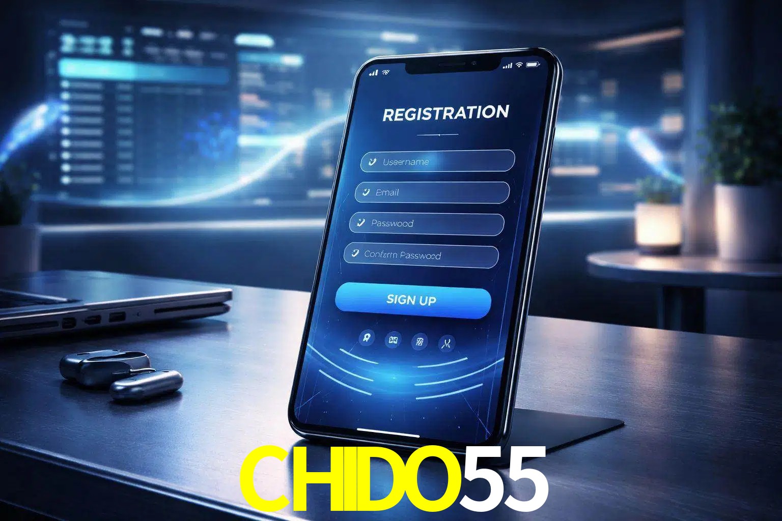 Una interfaz moderna de registro móvil para CHIDO55 mostrada en un smartphone con un panel de apuestas elegante.